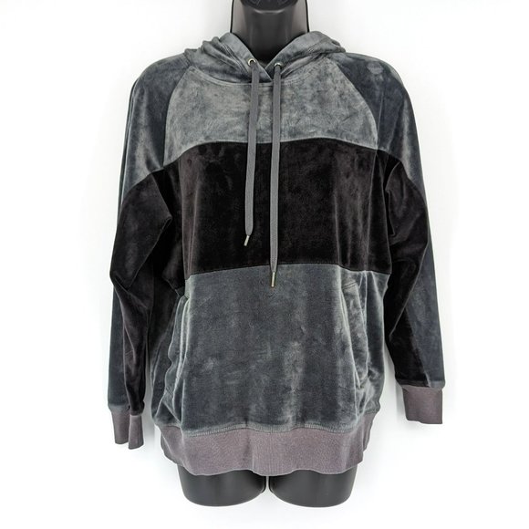 Champion Elite Velour Hoodie S Grey Black Colorblock Front Pockets Ribbed Trim - Picture 1 of 12